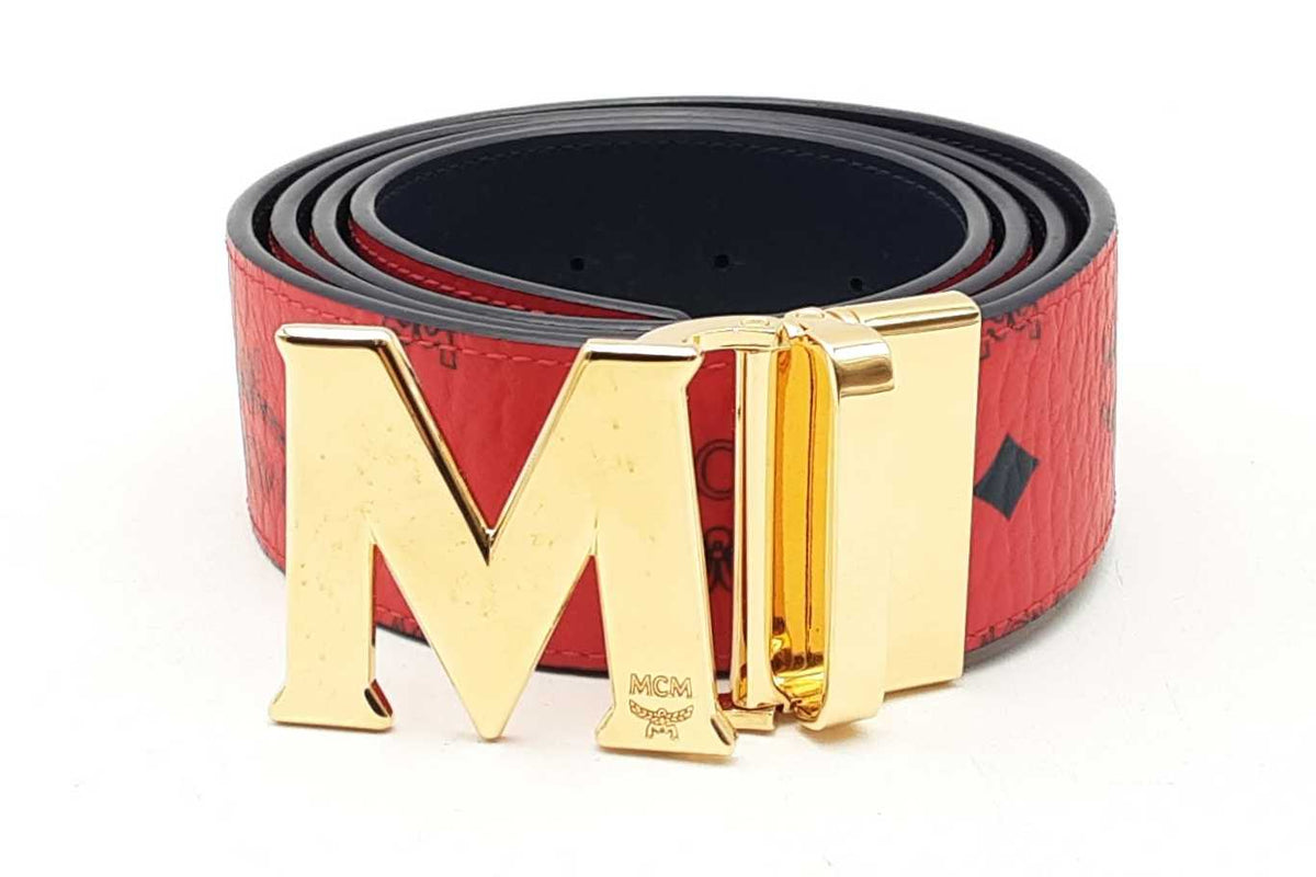 Belle ˖⋆　1002 Mcm Logo Reversible Red Leather Belt With Gold Tone Buckle