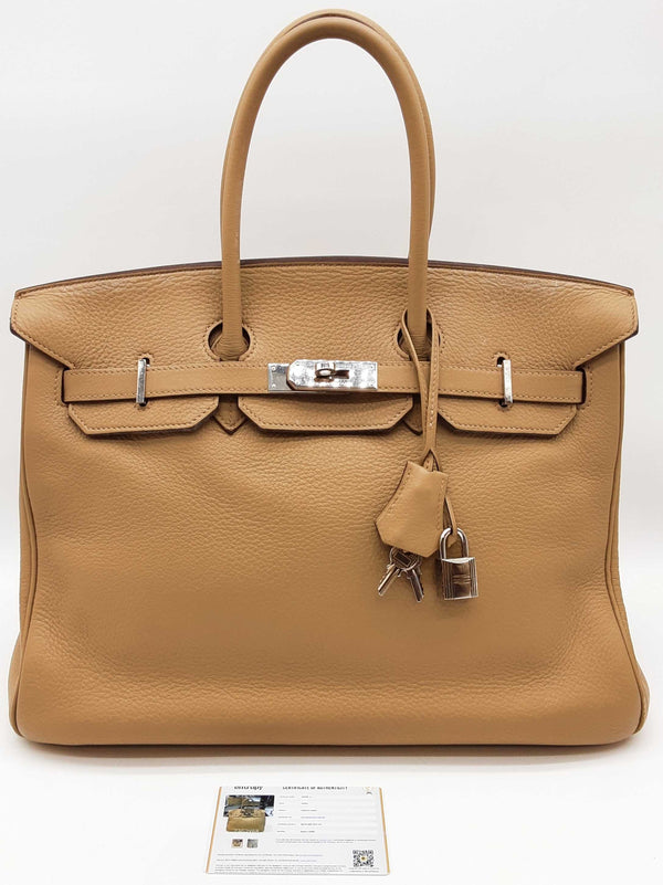 Hermes Birkin 35 Tabac Camel Beige Clemence Palladium Handbag Do0925lxzxzde