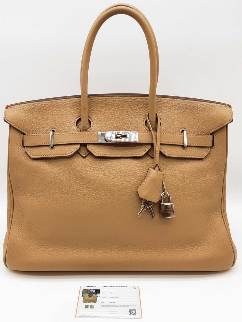 Hermes Birkin 35 Tabac Camel Beige Clemence Palladium Handbag Do0925lxzxzde