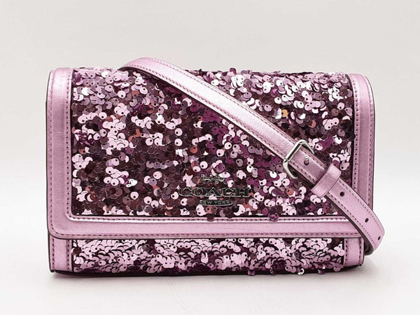 Coach Small Flap Clutch In Lilac Metallic Leather & Sequins Fw1125