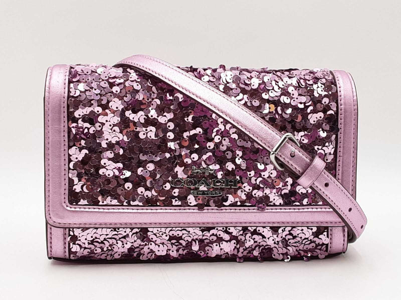 Coach Small Flap Clutch In Lilac Metallic Leather & Sequins Fw1125