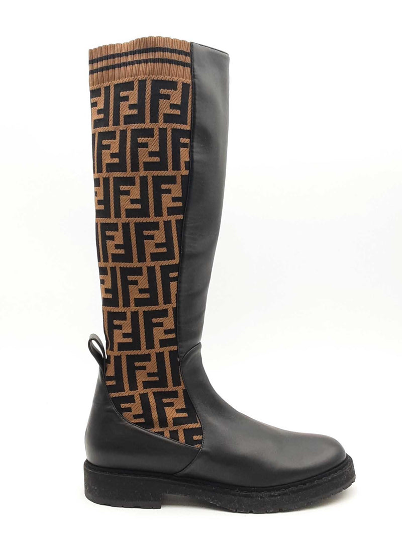 Fendi Rockoko Ff Fabric & Leather Knee High Boots Size 38 Eb0125oxzsa