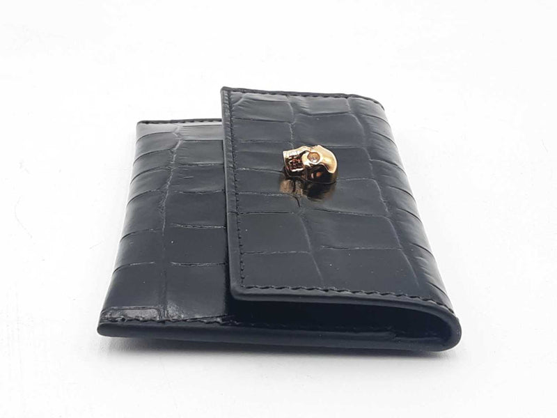 Alexander Mcqueen Black Embossed Croc Calfskin Trifold Wallet Sd0825rzsa