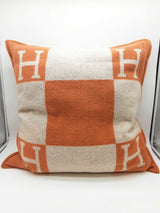 Hermes Avalon 70 Potiron Orange Ecru Beige Wool Large Throw Pillow Do0326rorde