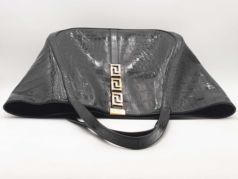 Versace Large Greca Croc Embosed Black Handbag Aa0925rzxsa