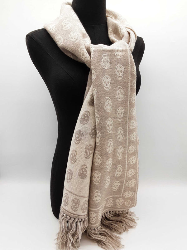 Alexander Mcqueen Skull Print Beige Gray Wool Scarf Do1025lorde