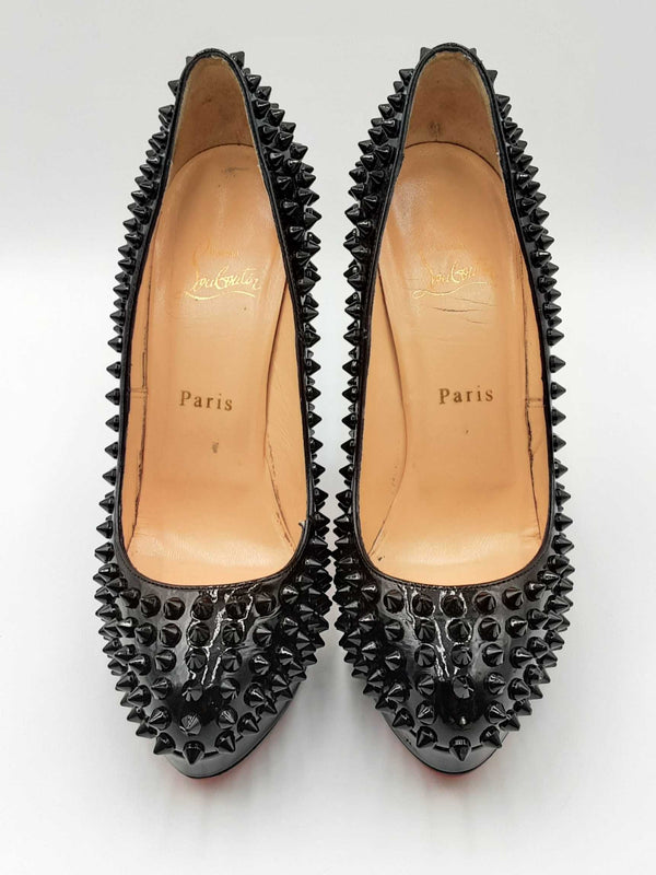 Christian Louboutin Spikes Black Patent Leather Heels Size 37 Eb0724crdu