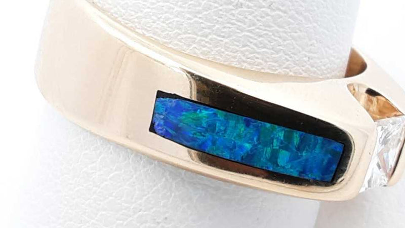 0.45ctw Princess Cut Diamond & Opal Ring 14k Yellow Gold 9.4g Size 9 Eb1125rxzdu