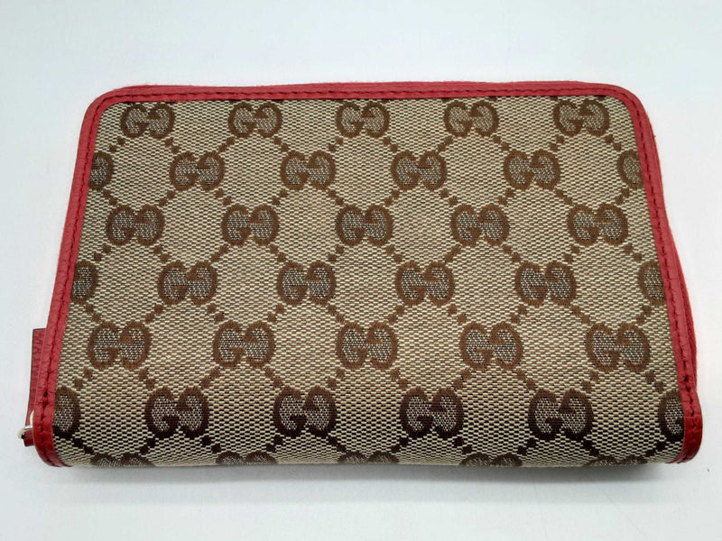 Gucci 420113 Gg Tan Canvas Red Leather Zipper Wallet Do0125lexde