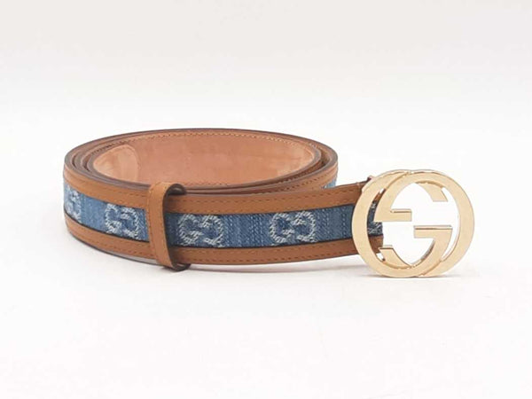 Gucci Interlocking G Belt Buckle With Denim & Leather Belt Size 85|34 Fw0825ezdu