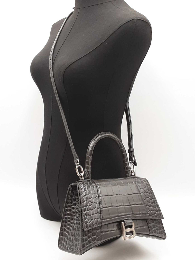 Balenciaga Hourglass Gray Crocodile Embossed Leather Top Handle Bag Fw0724lorxdu