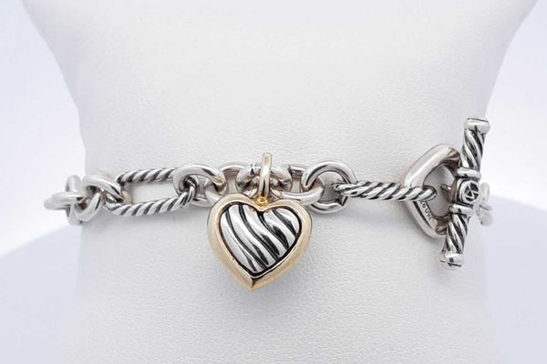 David Yurman 925 & 18k Yellow Gold Heart Chain Bracelet 22.2g 7.5 In Eb0225oxzsa