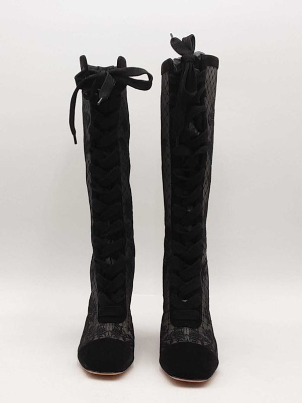 Dior Embroidered Mesh Suede Naughtily-d Knee Boots Black Size 37 Aa1125wzxsa