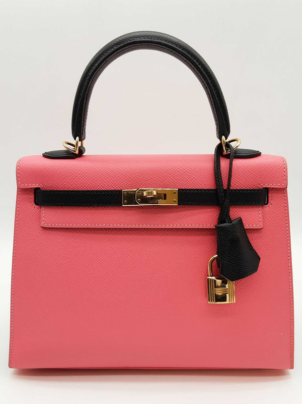 Hermes Kelly 25 Special Order Pink Black Epsom Gold Handbag Do0625lpxzxde