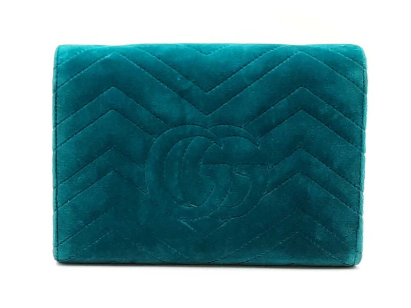 Gucci Gg Marmont Matelassé Chain Wallet In Pavone Cyan Velvet Fw0725wrzdu