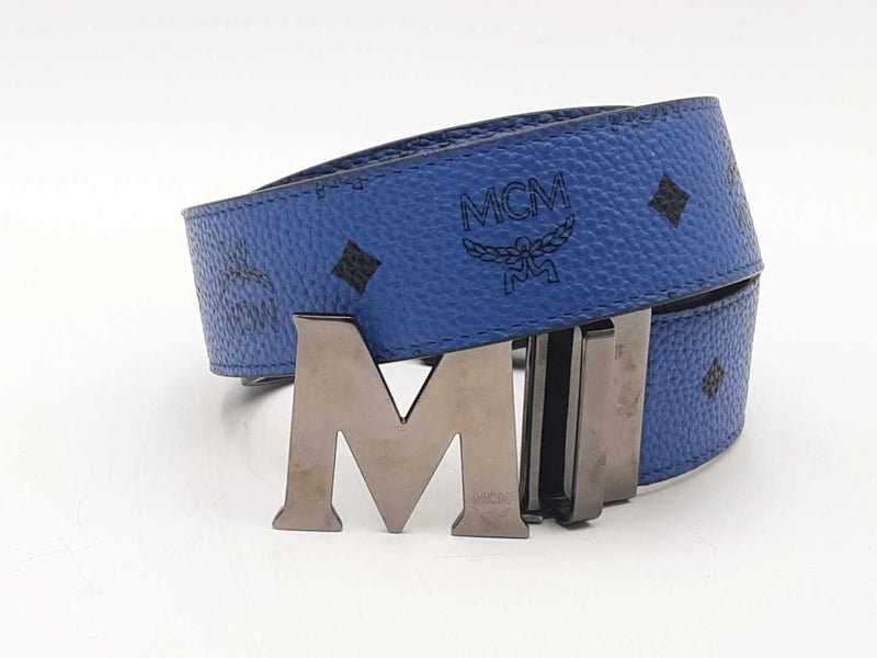 Mcm Reversible Monogram Claus Leather Belt Blue 36-38 In Aa0925rzsa