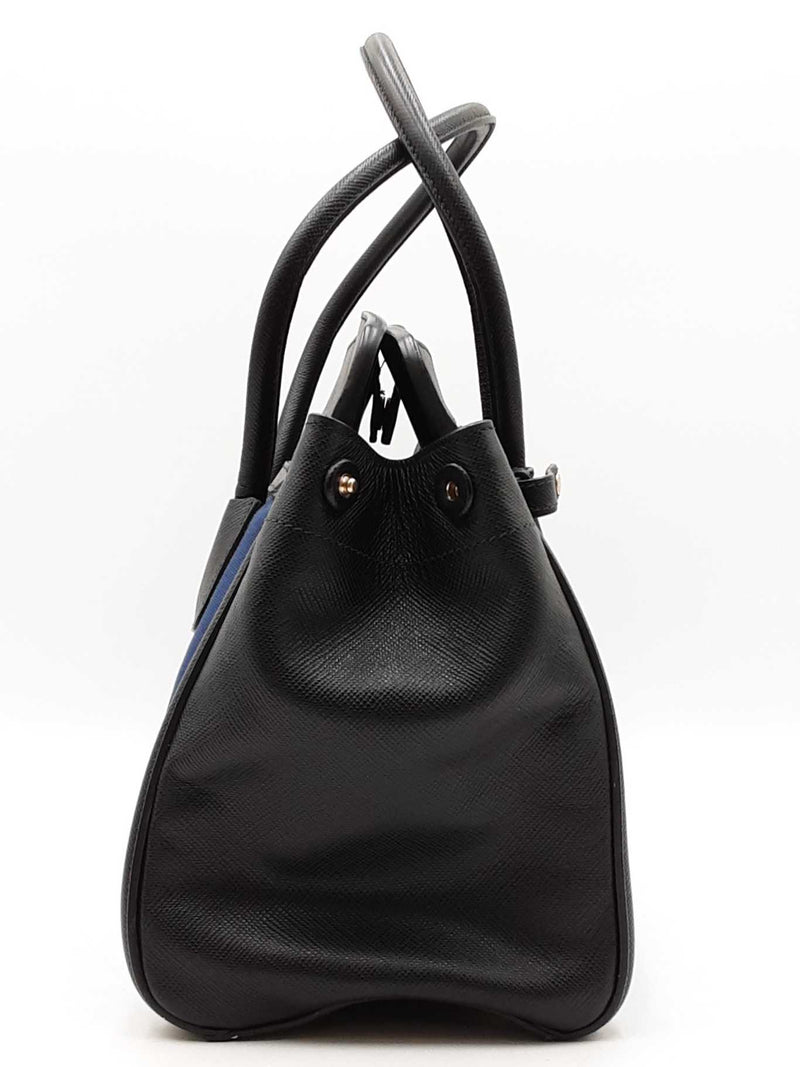 Prada Navy Blue Canvas & Black Saffiano Leather Tote Bag Eb1025oordu