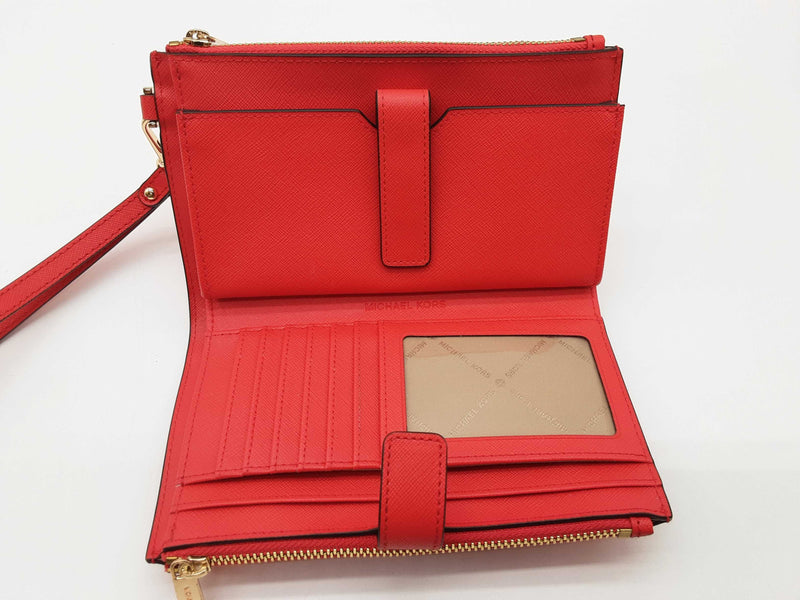 Michael Kors Red Leather Double Zip Bifold Wristlet Tech Wallet Do1025lrde