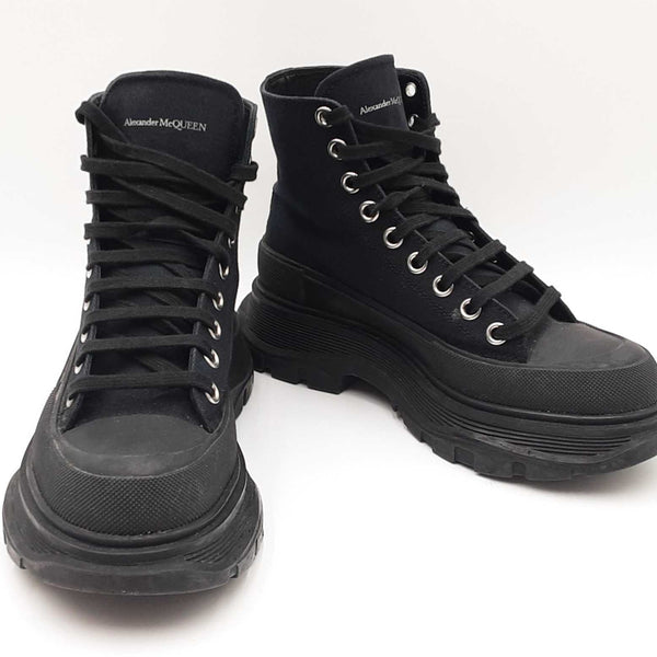 Alexander Mcqueen Tread Slick Black Canvas Lace Up Boots Size Us