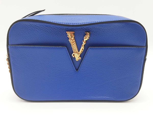 Versace Virtus Camera Blue Grainy Leather Chain Crossbody Bag Do0625wrxde