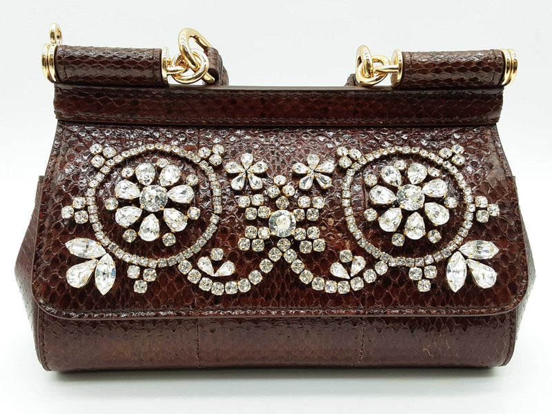 Dolce & Gabbana Sicily Brown Snakeskin Rhinestone Crossbody Bag Do0125lzxzde