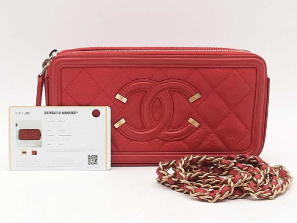 Chanel Cc Filigree Caviar Double Zip Clutch With Chain Red Aa0225rxzsa