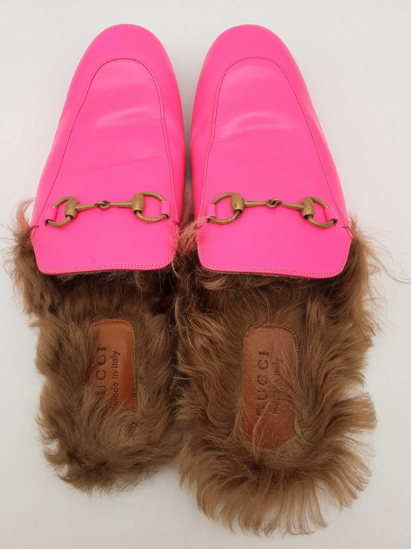 Gucci Princetown Neon Pink Leather Fur Loafers Size Gucci 11 Mens Do0925oorde