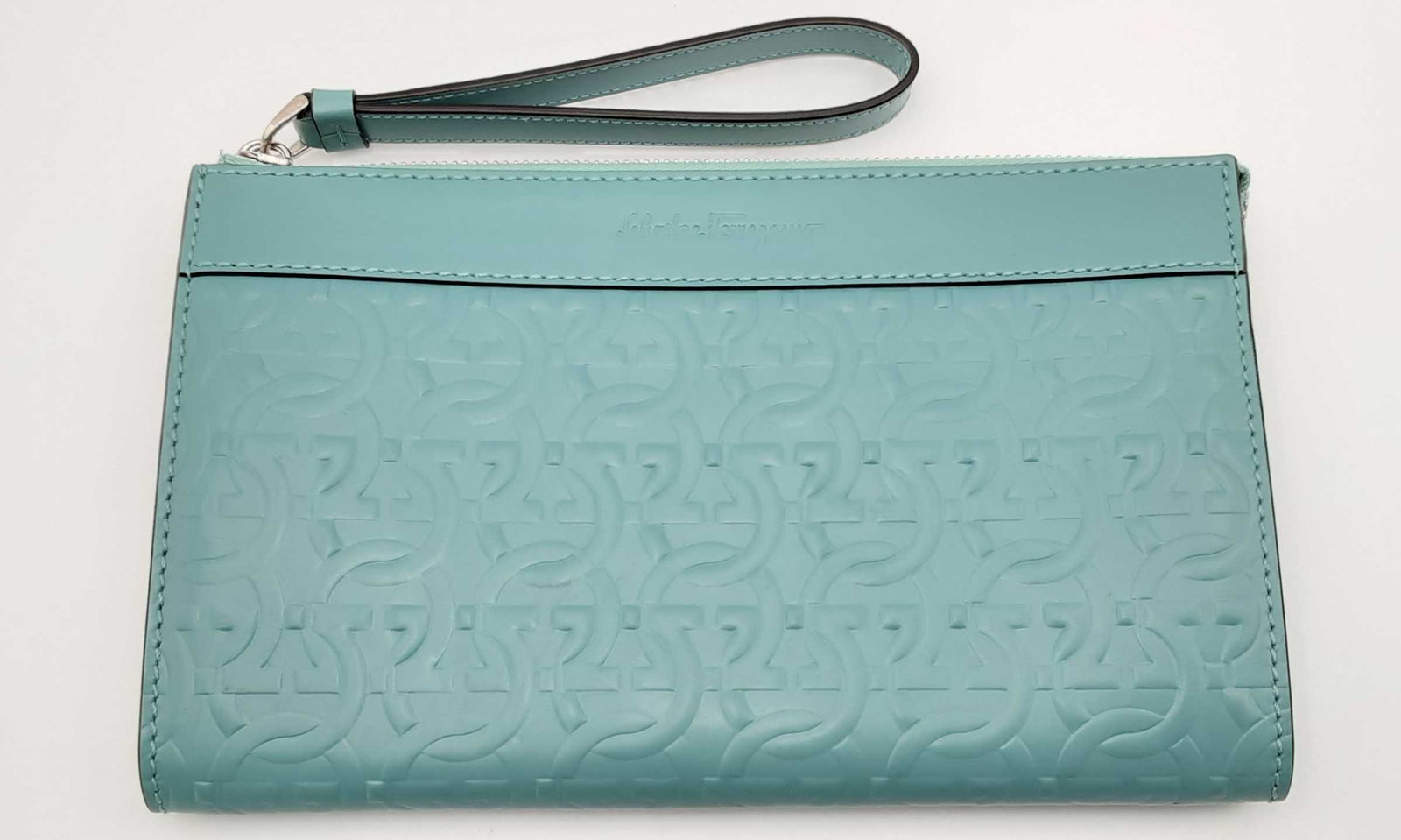 Salvatore Ferragamo Gancini Embossed Blue Leather Clutch
