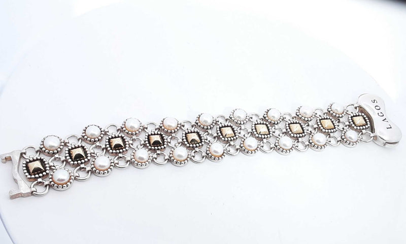 18k Yellow Gold & Silver 13.5ctw Pearl Lagos Bracelet 6.25 In, 78.3g Hs0424oxzsa