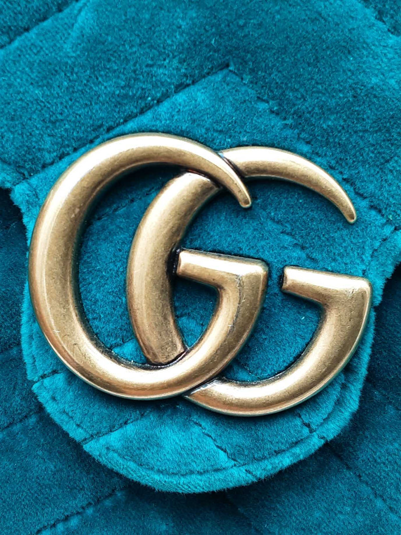 Gucci Gg Marmont Matelassé Chain Wallet In Pavone Cyan Velvet Fw0725wrzdu