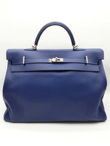 Hermes Kelly 50 Voyage Blue Leather Palladium Hardware Tote Bag Do1023lorxzde