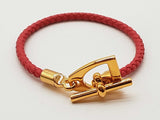 Hermes Etrier Red Braided Leather Goldtone Clasp Bracelet 6.5 In Do1025lrxde