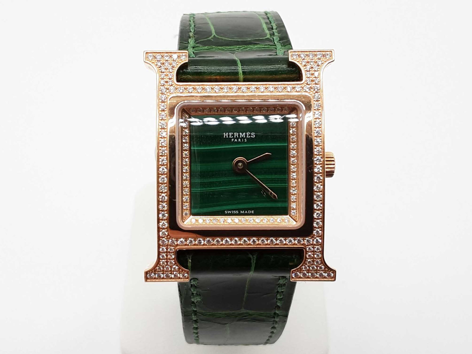 Hermes 25 Heure H Green Malachite Dial Rose Gold Quartz Watch