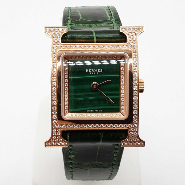 ハイクラス ベルト Hロゴ レザー グリーン Hermes 25 Heure H Green Malachite Dial Rose Gold Quartz Watch