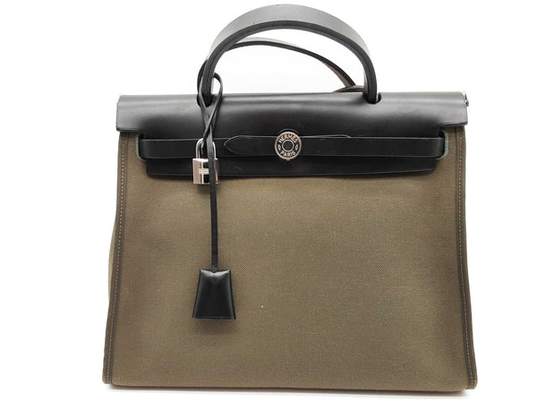 Hermes Herbag 31 Green Canvas Black Leather Palladium Shoulder Bag Do0924pxzde