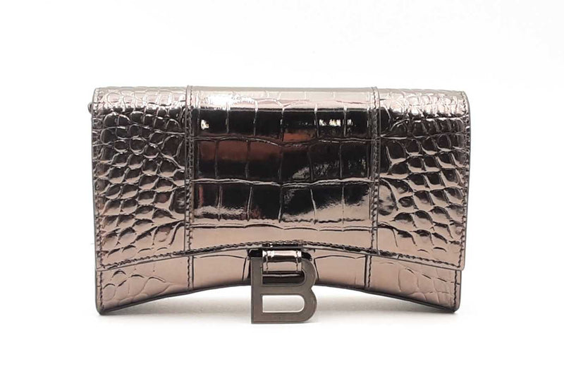 Balenciaga Crocodile Embossed Gunmetal Hourglass Wallet On Chain Eb0125ixzsa