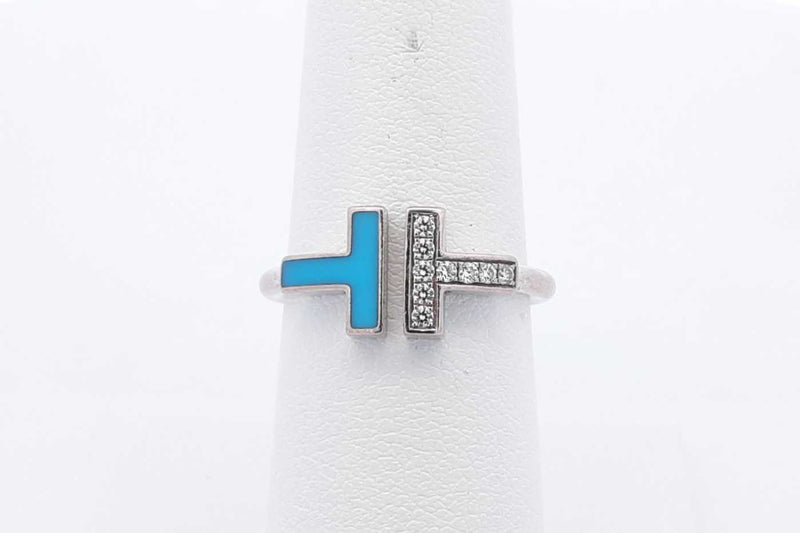 Tiffany & Co. Diamond & Turquoise T Wire Ring 18k White Gold 4.1g Eb1124orxsa