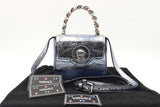 Versace La Medusa Top Handle Bag In Metallic Blue Crinkled Lambskin Fw1026prxdu