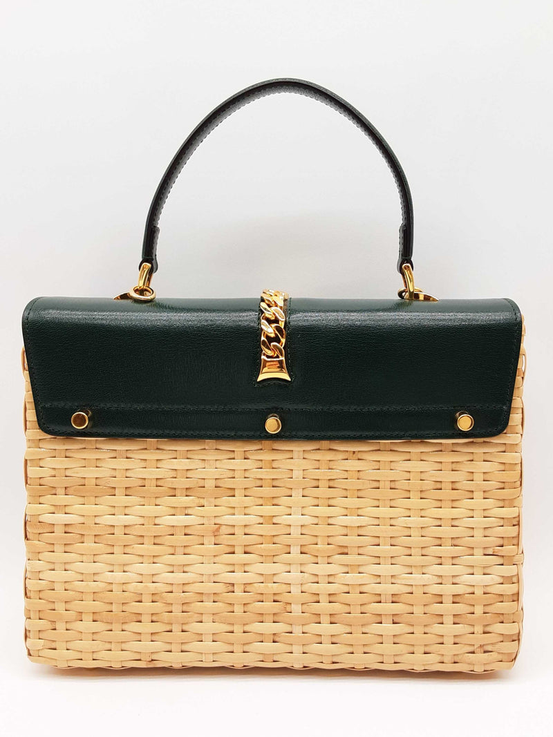 Gucci Sylvie Green Leather Tan Wicker Handbag Do0225exzde