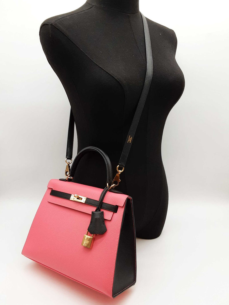Hermes Kelly 25 Special Order Pink Black Epsom Gold Handbag Do0625lpxzxde