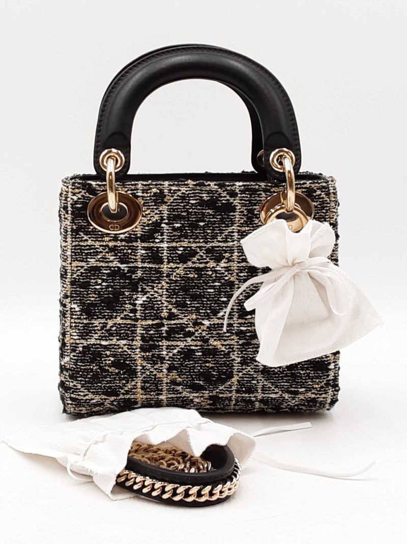 Christian Dior Mini Lady Dior In Tweed & Gold Cannage Fw0825wzxzdu