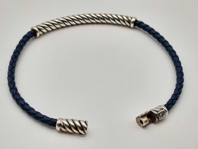 David Yurman Metro 0.925 Silver 13.0g Blue Leather Cable Bracelet Do1024loxde