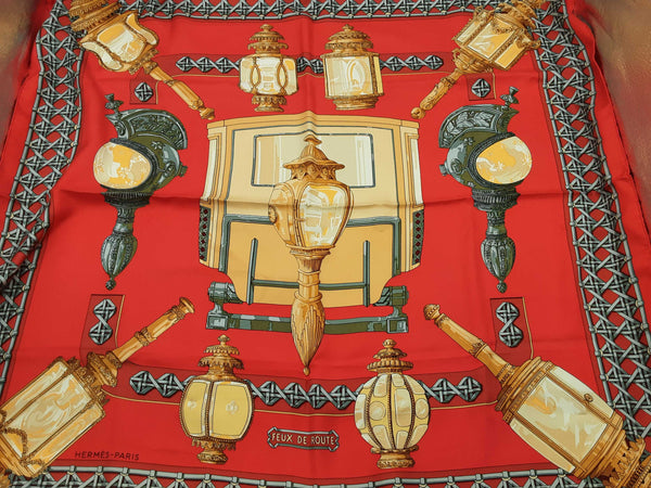 Hermes Feux De Route Carriage Lantern Red Silk Scarf Do0326orxde