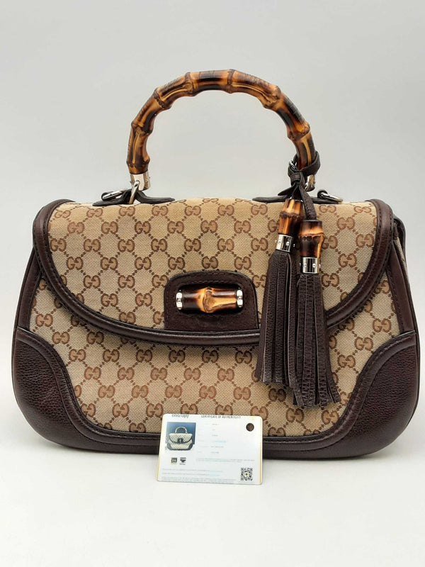 Gucci Gg Monogram Canvas Bamboo Top Handle Bag Aa0225exzsa