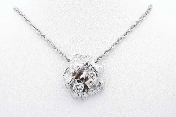 14k White Gold Diamond Nugget Pendant & Rope Chain 9.9 Grams 24 Inch Eb0924wxzsa