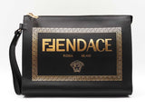 Fendi X Versace Logo Wristlet Clutch In Black Leather Fw1225orzdu