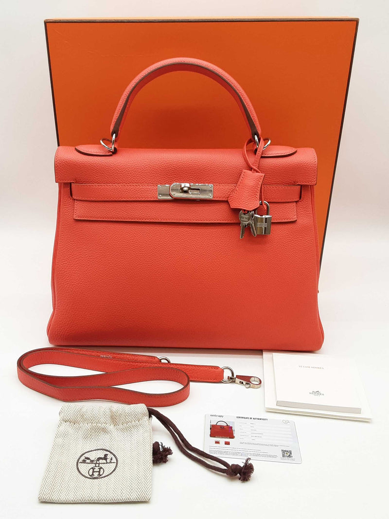 Hermes Kelly 32 Rouge Pivoine Red Orange Togo Palladium Handbag Do0325eexzde