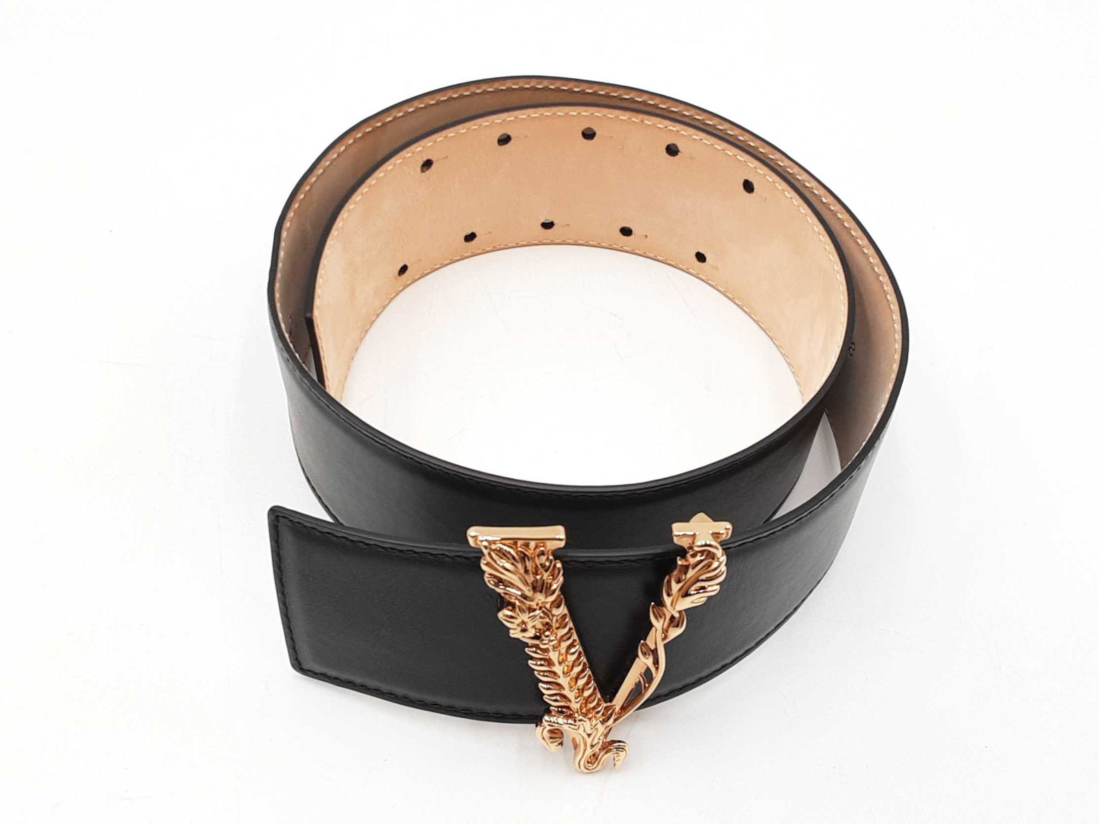 Versace 50mm Black Leather Belt & Gold-tone Virtus Buckle Versace 50mm Black Leather Belt & Gold-tone Virtus Buckle