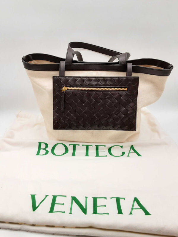 Bottega Veneta Flip Flap White Canvas Brown Leather Tote Bag Do0624lxzxde