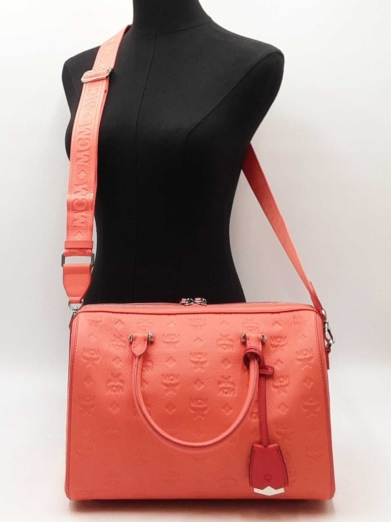 Mcm Ottomar Essential Boston Bag In Embossed Hot Coral Leather Fw0825lexdu